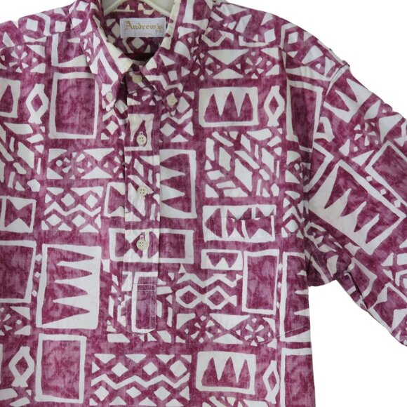 Vintage Andrews Inc. Mens Short Sleeve Button-Up Hawaiian Shirt Burgundy White - Picture 2 of 10